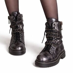 275 Central Combat Boots Women 7 Pewter Metallic Rhinestone Goth Edgy Glam Punk